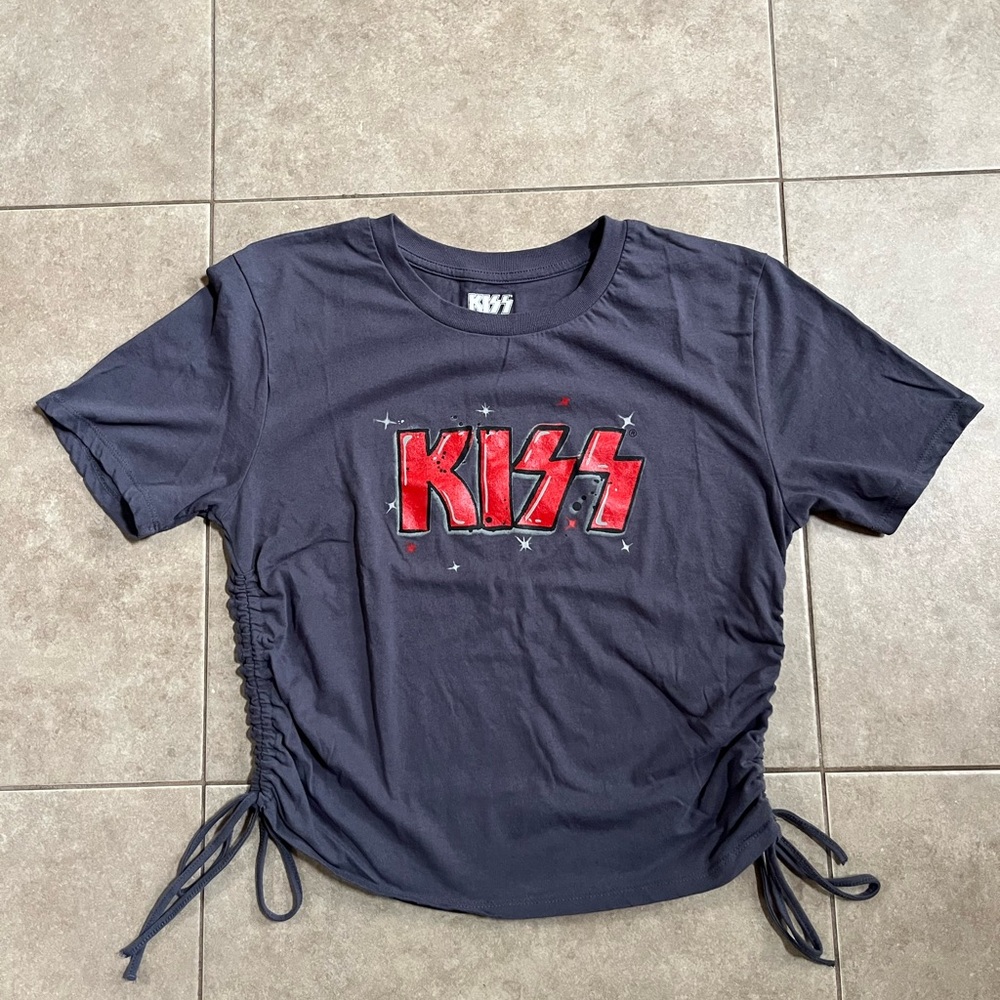 KISS Band T-Shirt youth teen XL Short Sleeve Red Cinch Tie On Sides Y2K